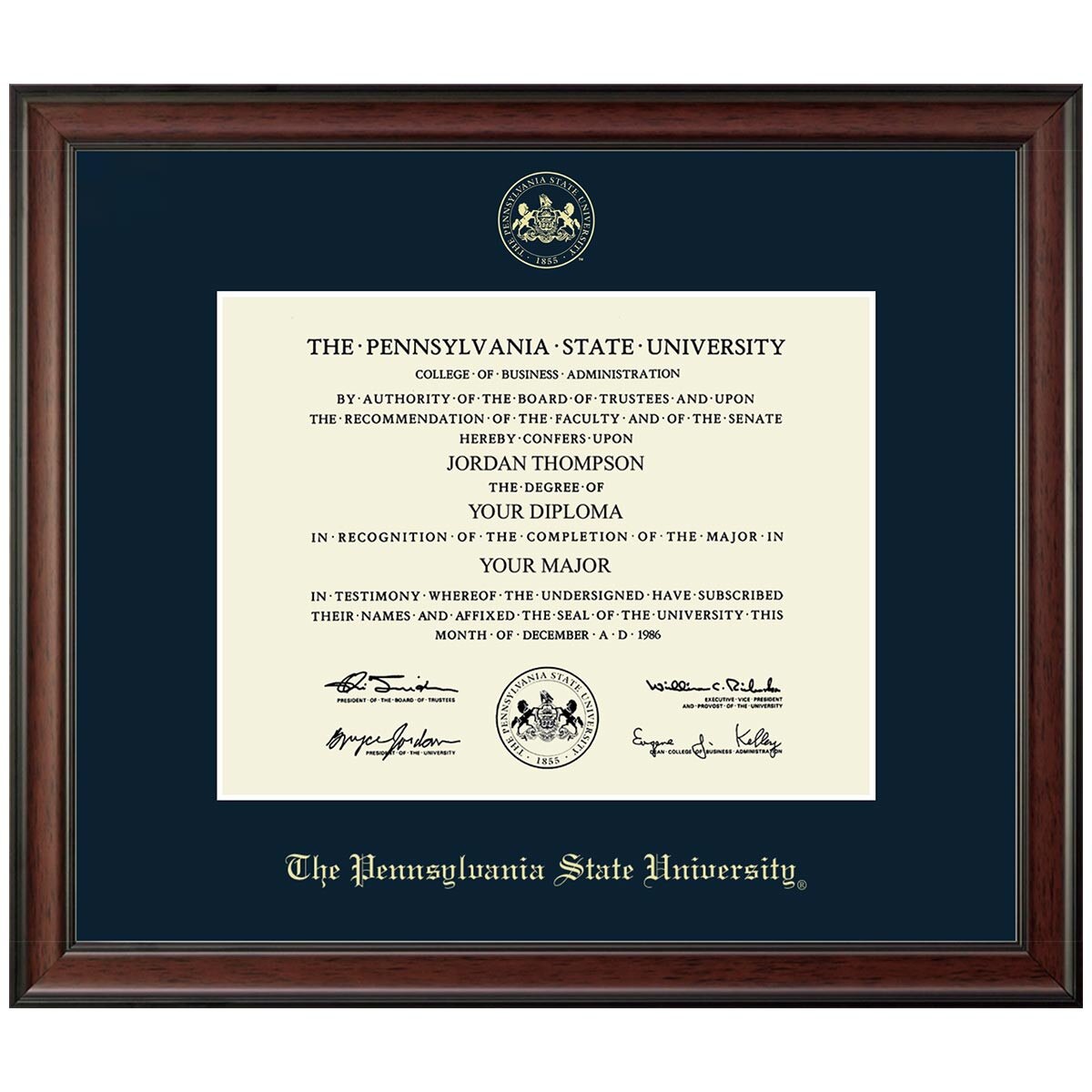 Diploma Frame, Gold Embossed Seal The Pennsylvania State University, Navy Mat, Studio Molding Mahogany Finish